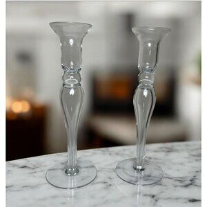 Vintage Glass Candle Holders Set Of 2 Clear Tall Elegant Design Taper Candle 10"
